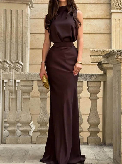 Exquise Chocoladebruine Hoge Hals Mouwloze Maxi Jurk