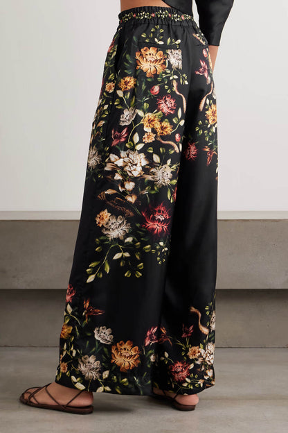 Exquise Gerimpelde Twill Crop Top & Bloemen Satijnen Wijde Broek Set
