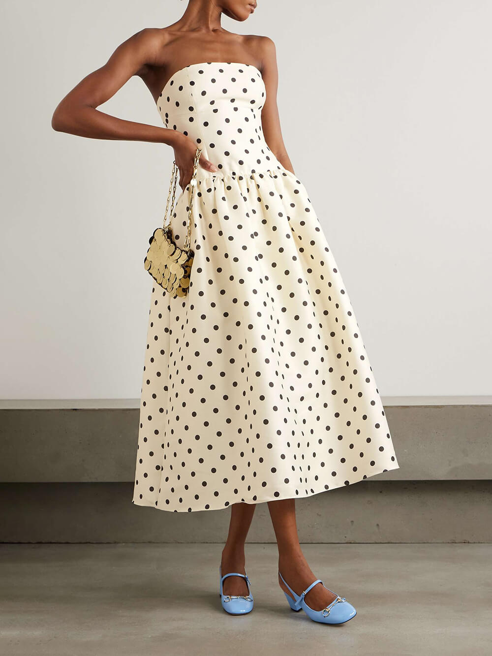 Klassieke Polka-Dot Print Satijnen Midi Jurk