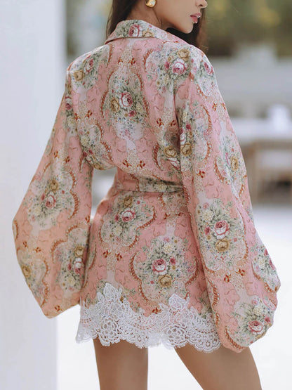 Elegante Bloemenprint Lantern Mouw Shirt En Kant Wrap Mini Rok Set