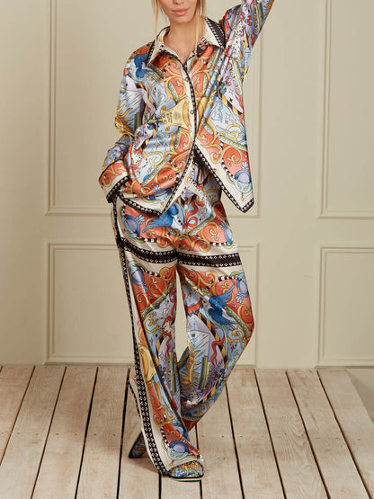 Unieke Satijnen Zonneprint Overhemd met Omgeslagen Kraag en Losse Pasvorm en Elastische Taille Wijde Pantalon Set