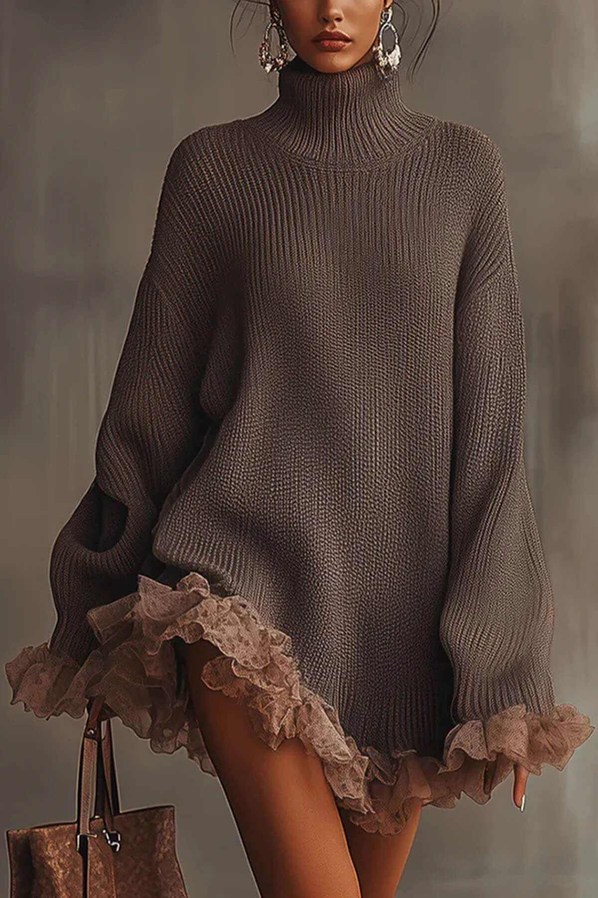 Mode Effen Kleur Turtleneck Lange Mouw Losse Rimpel Brei Mini Jurk