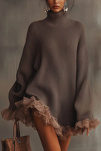 Mode Effen Kleur Turtleneck Lange Mouw Losse Rimpel Brei Mini Jurk