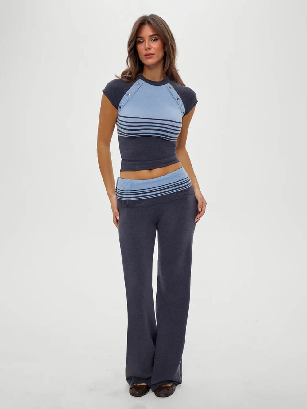 Retro Gestreepte Knopen-Knit Shirt En Lage Taille Knit Broek Set