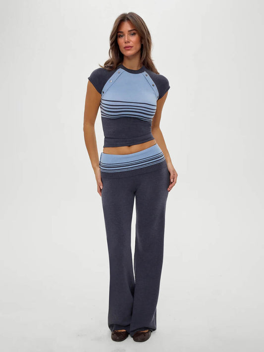 Retro Gestreepte Knopen-Knit Shirt En Lage Taille Knit Broek Set