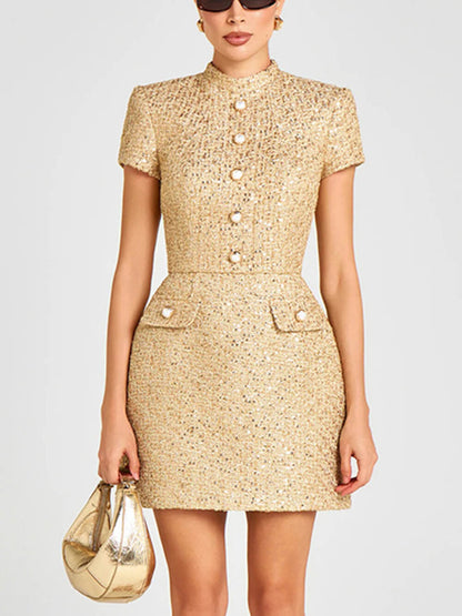 Elegante Kraag met Knopdetails Korte Mouw Feest Mini Jurk