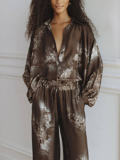 Unieke Bruine Bloemenprint Losse Top En Elastische Taille Wijde Pantalon Set