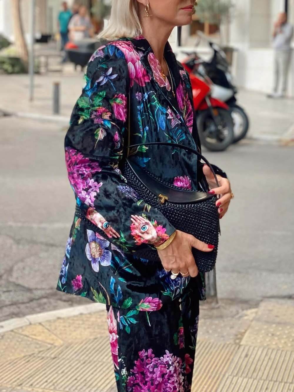 Retro Bloemenprint Blazer & Hoge Taille Wijde Pantalon Set