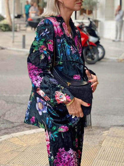 Retro Bloemenprint Blazer & Hoge Taille Wijde Pantalon Set