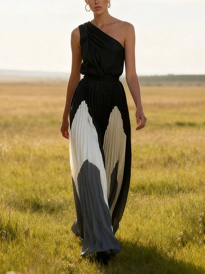 Elegante Maxi Jurk met Één Schouder en Kleurblokken