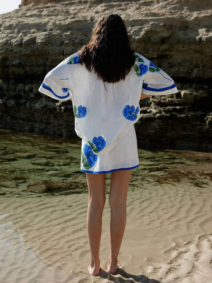 Casual Linnen Bloemenprint Voering Heup-Hugging Mini Rok Set