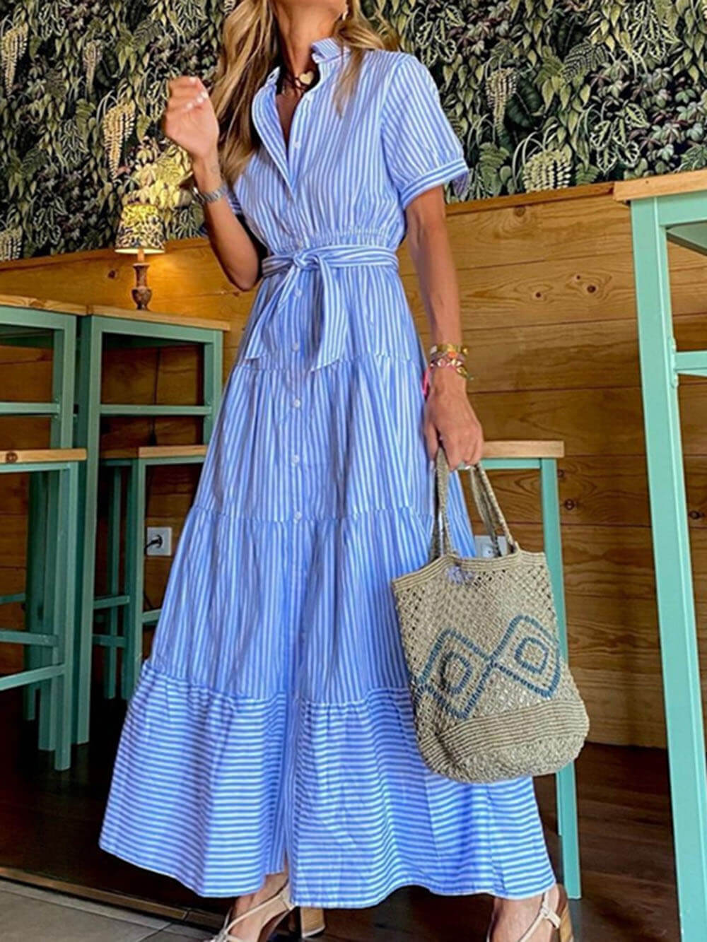 Modieuze Gestreepte Print Korte Mouwen Losse Maxi Jurk