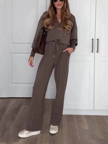 Casual Bruine V-Hals Lange Mouwen Sweatshirt & Elastische Taille Broek Set