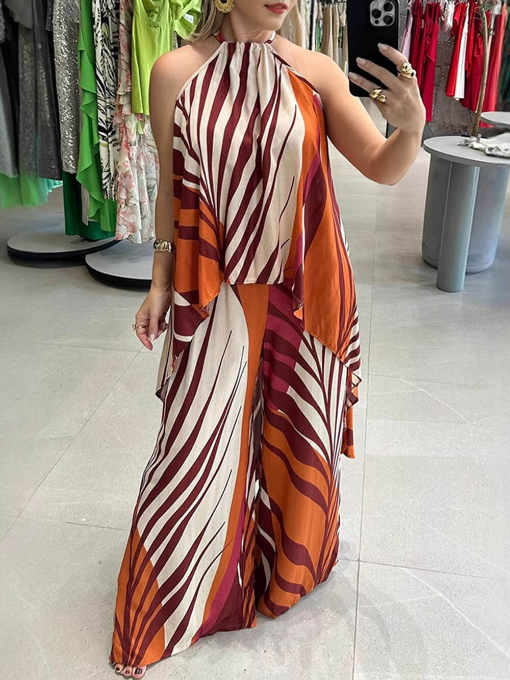 Modieuze Unieke Positionering Print Lange Mouwloze Top Brede Pantalon Set