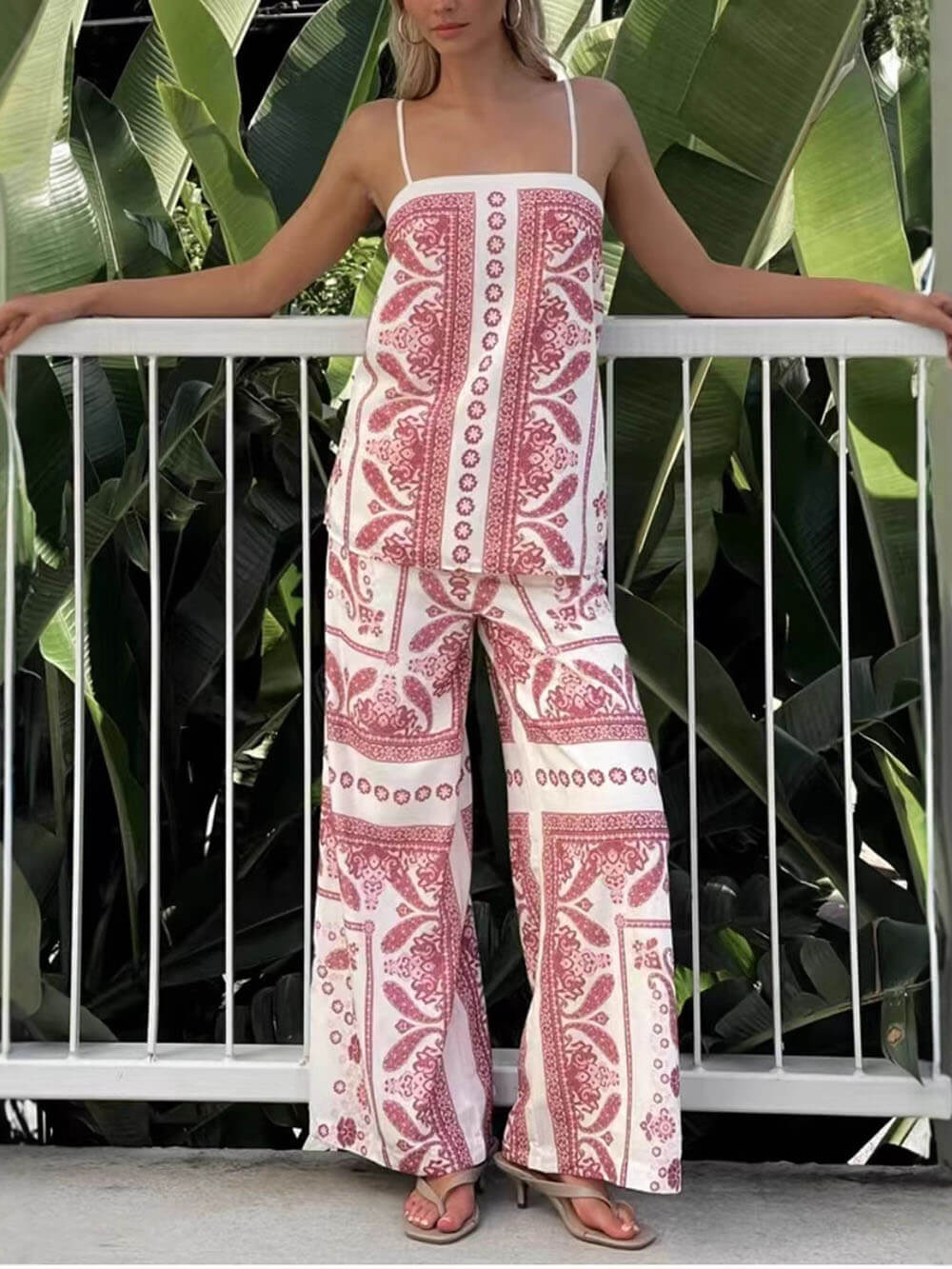 Moderne Unieke Bloemenprint Hoge Taille Pocket Wijde Pijpen Broek