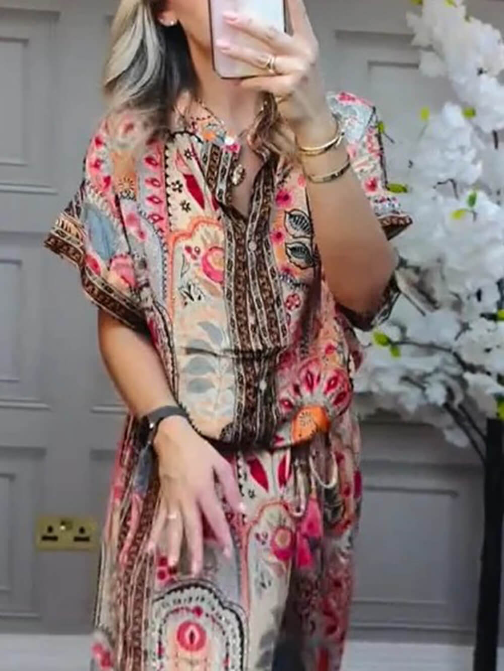Boho Print Tassel Detail Casual Elastische Taille Zak Brede Pijpen Broek