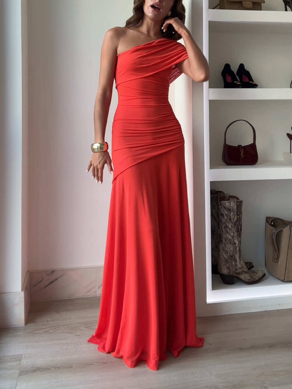 Elegante Moeiteloze Mesh Off-Shoulder Gerimpelde Stretch Maxi Jurk