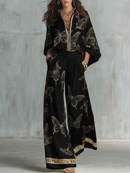 Elegante Vlinderprint Zip-Up Top & Wijde Pantalon Set