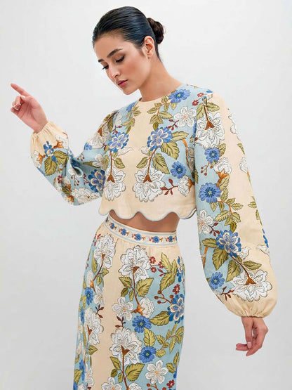 Retro Bloem Geborduurd Crop Top & Midi Rok Twee-Delige Set