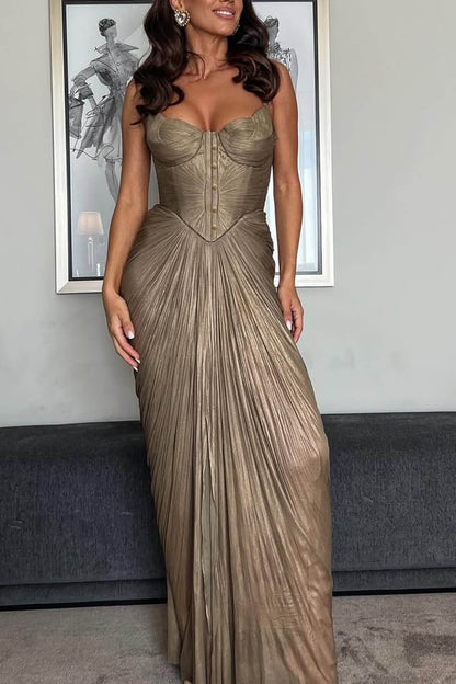 Elegante Geplooide Metalen Tailleband Party Split Gown Maxi Jurk