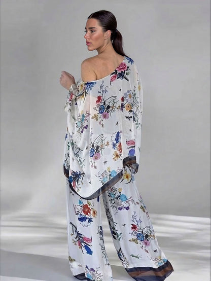 Elegante Transparante Bloemenprint Asymmetrische Top met Één Schouder & Wijde Pantalon Set