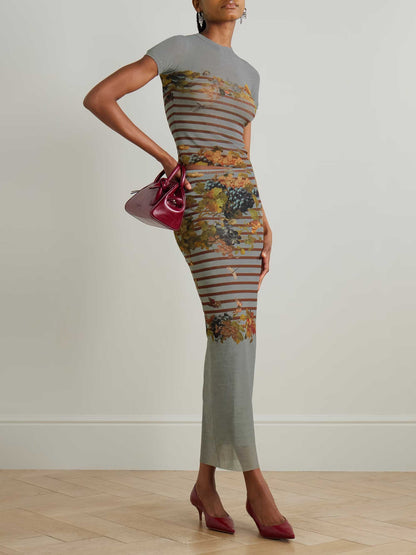 Artistieke Bloemenstreep Mesh Top & Midi Rok Twee-delige Set