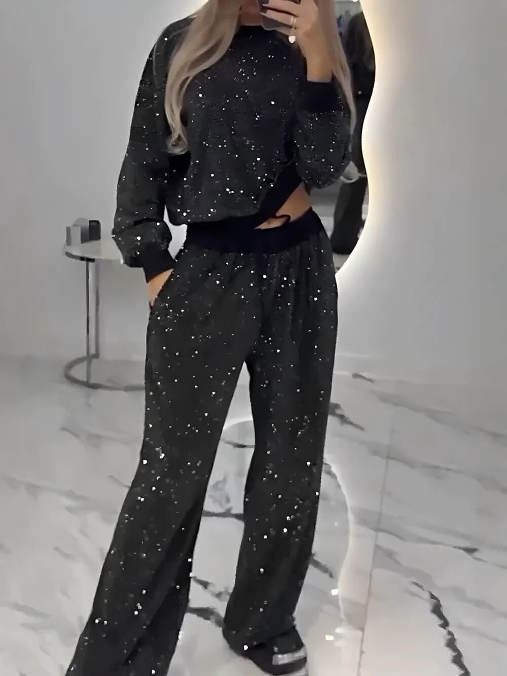 Mode Pailletten Sterren Ronde Hals Losse Top En Touwtjes Brede Broek Set