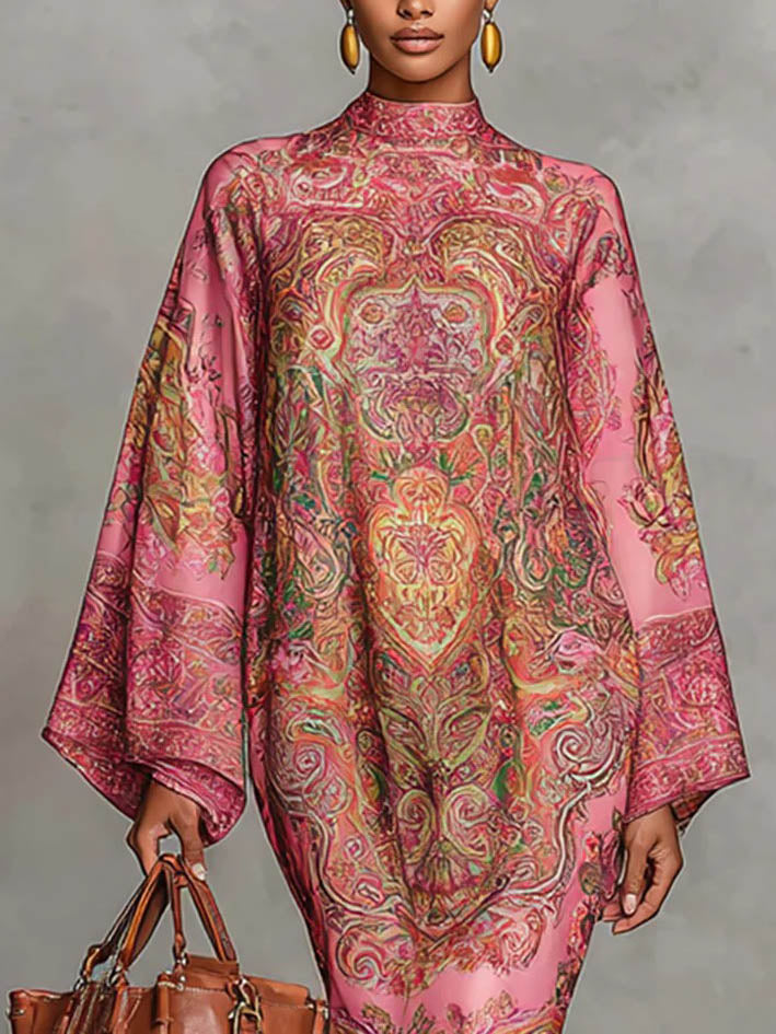 Retro Paisley Print Ronde Hals Flared Mouw Midi Jurk