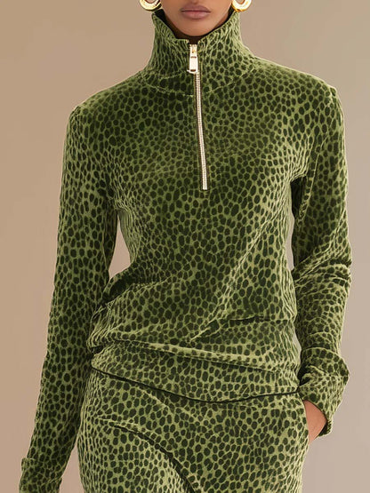 Casual Leeuwenhuid Half-Zip Top & Midi Rok Twee-delige Set