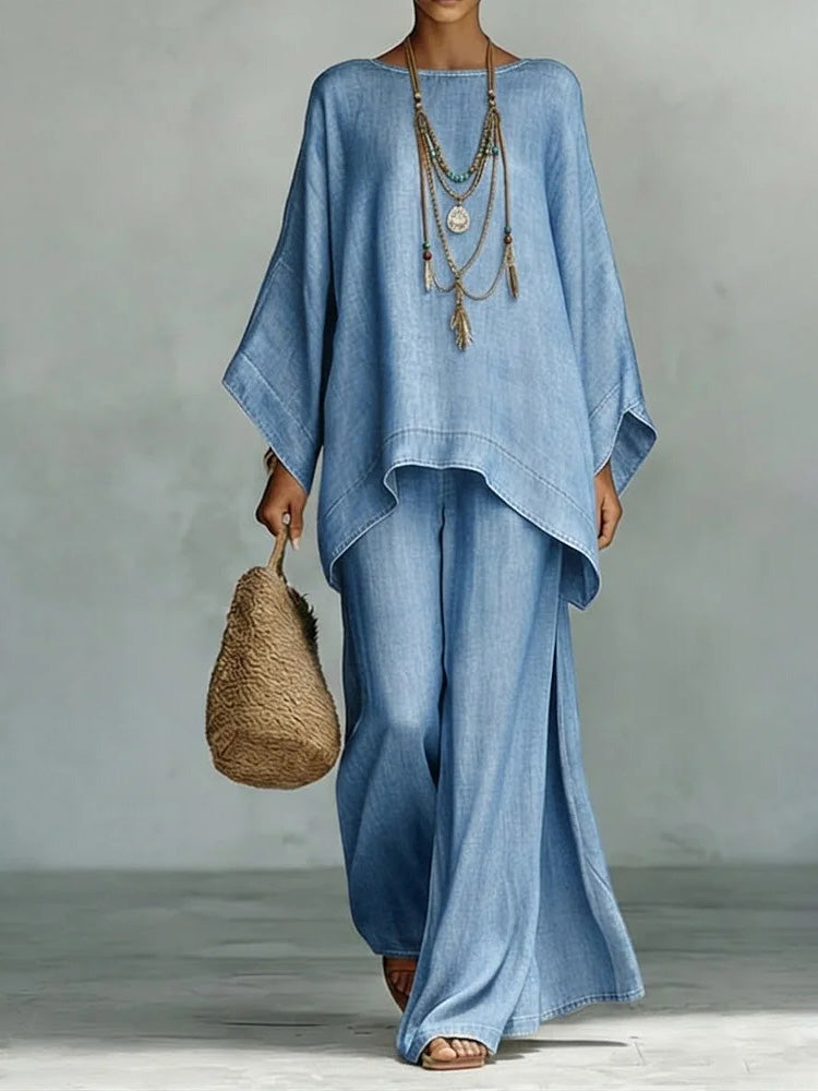 Casual Denim Batwing Asymmetrische Top & Brede Pantalon Set