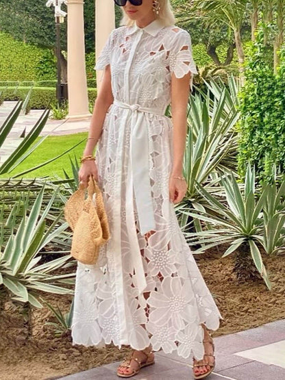 Zomer Casual Kanten Cardigan Enkele Knoop Maxi Jurk