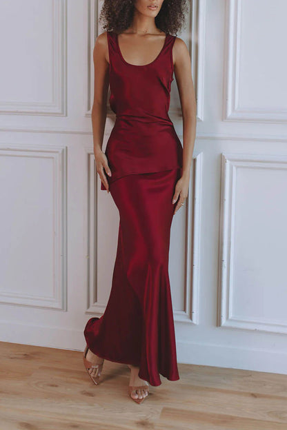 Elegante Asymmetrische Ronde Hals Satijnen Top en Vissenstaart Rok Set