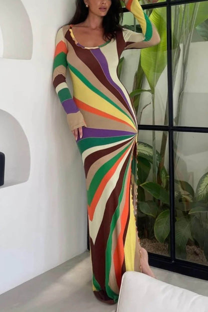 Mode Meerkleurige Lange Mouwen Slim-fit Split Maxi Jurk