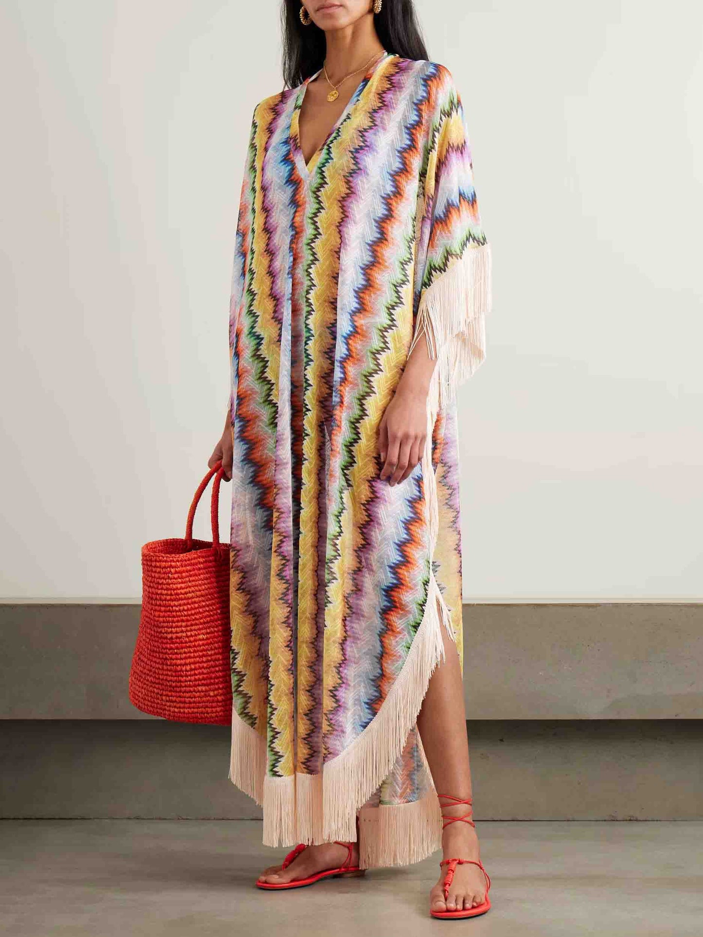 Exquise Multicolor Chevron Franje Kaftan Maxi Jurk
