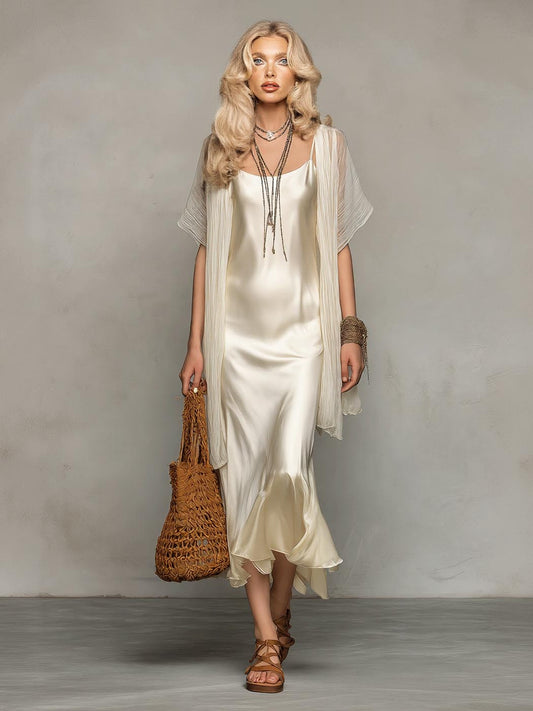 Elegante Satijnen Slip Dress & Doorzichtige Tulle Cover-Up Twee-Delige Set