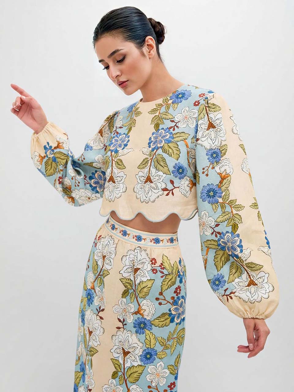 Retro Bloemen Geborduurde Lange Mouw Crop Top