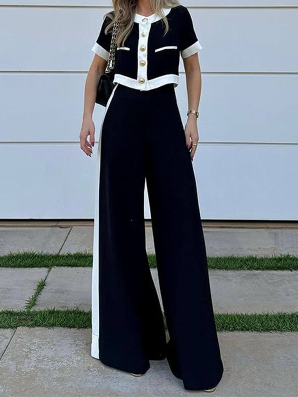 Modieuze Zwart-Wit Patchwork Korte Mouwen Top En Rechte Broek Set