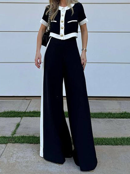 Modieuze Zwart-Wit Patchwork Korte Mouwen Top En Rechte Broek Set
