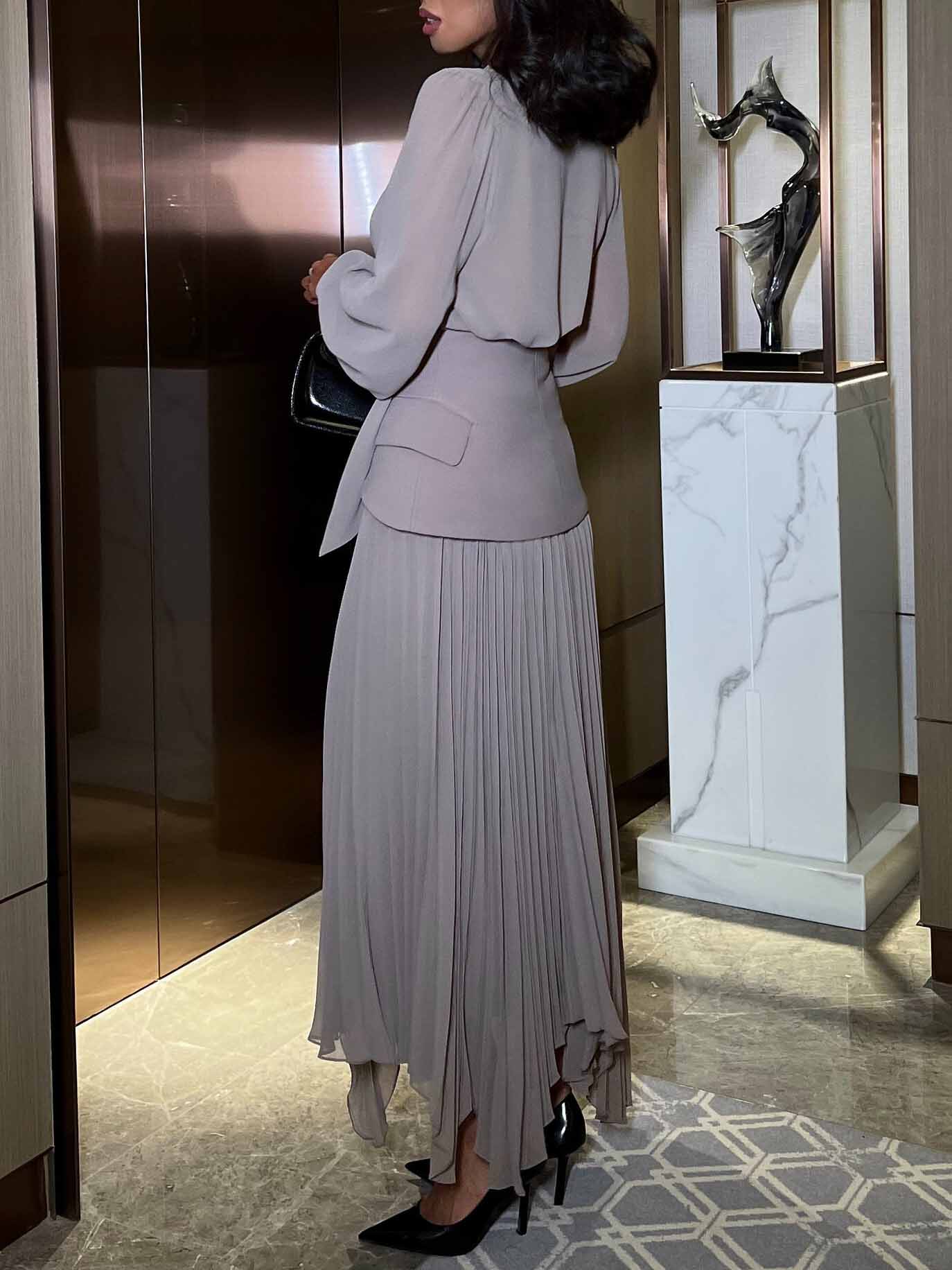 Elegante Blouse met Strik en Lange Mouwen & Hoge Taille Geplooide Maxi Rok Set