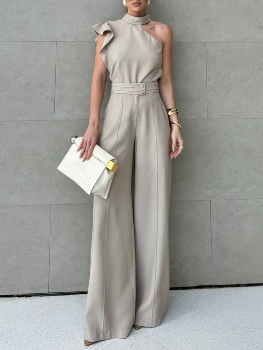 Casual Ruffle Mouw Haltertop Met Eenvoudige Effen Kleur Rechte Broek Set