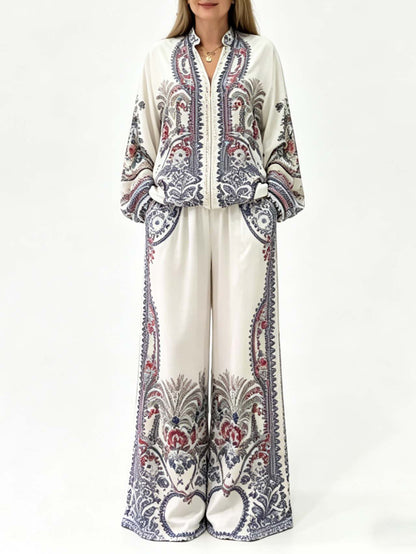 Elegante Paisley Print Rits Shirt & Wijde Pantalon Set