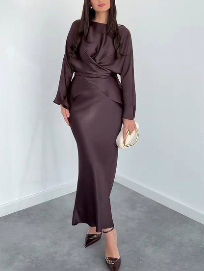 Elegante Satijnen Strapless Strik-voorkant Shirt En Rok Twee-delige Set