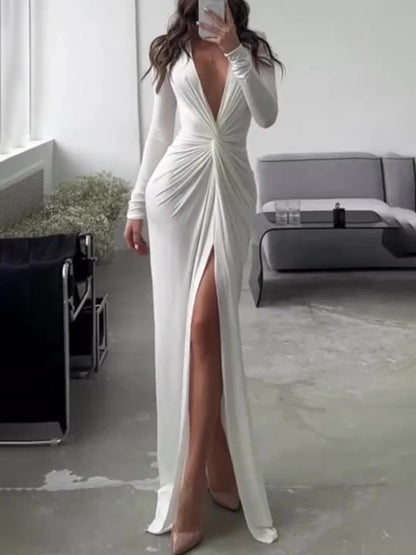 Elegante V-hals Knoop Split Lange Mouwen Gebreide Maxi Jurk