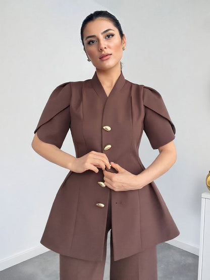 Elegante Top Met Pofmouwen En Rechte Broek Twee-Delige Set
