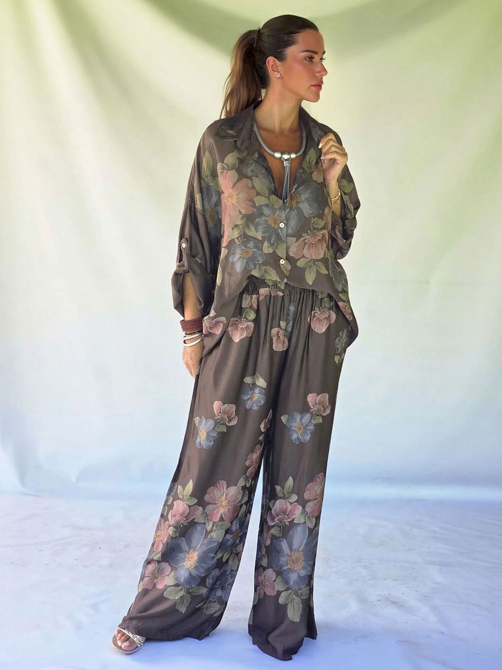 Retro Bloemenprint Overhemd met Kraag & Elastische Taille Wijde Broek Twee-Delige Set