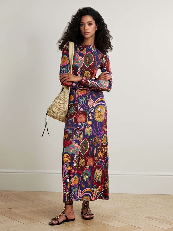 Retro Graphic Print Lange Mouw Maxi Jurk
