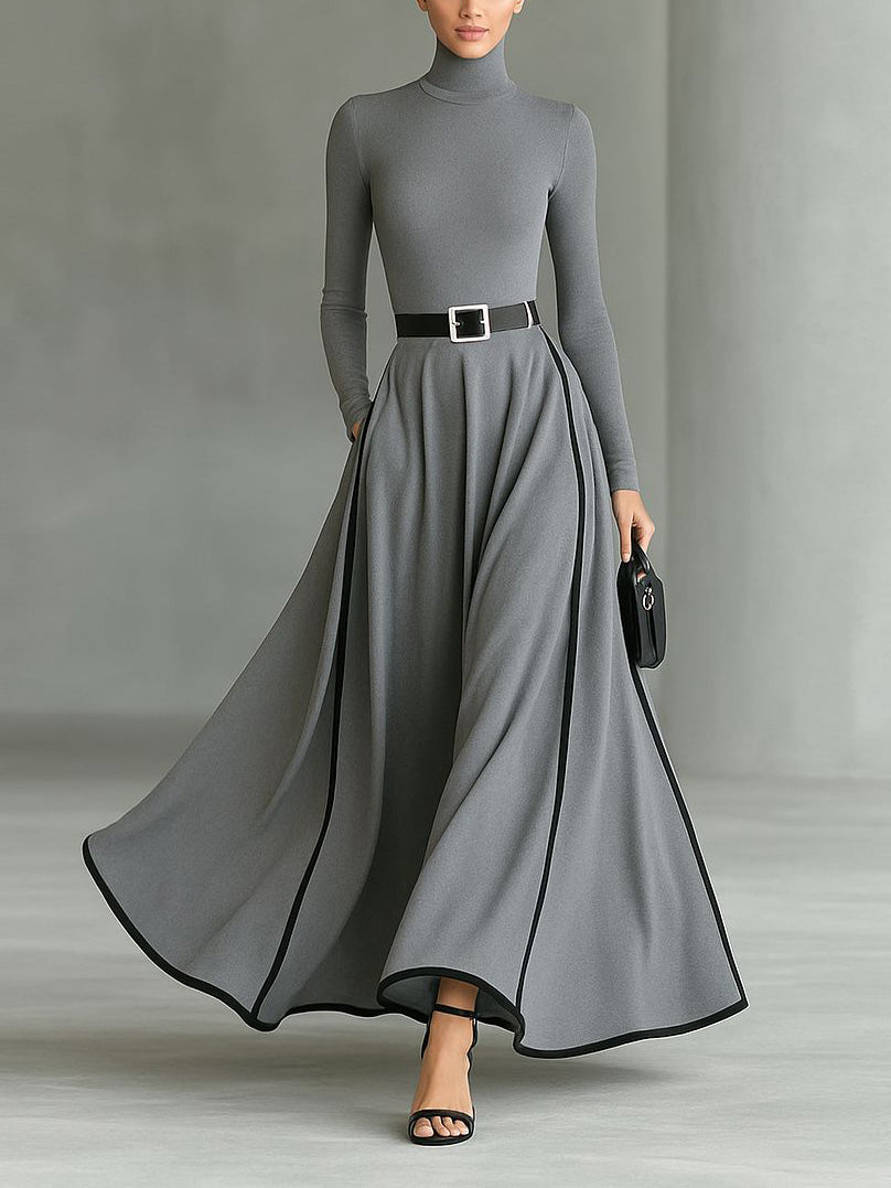 Elegante Hoogsluitende Maxi-jurk met Kleurblokken