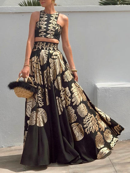 Bohemian Bladprint Crop Top & Maxi Rok Twee-Piece Set