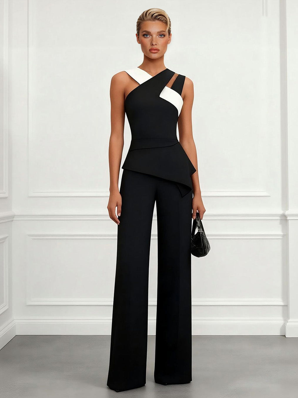 Elegante Kleurblok Asymmetrische Top & Wijde Broek Twee-Stuk Set