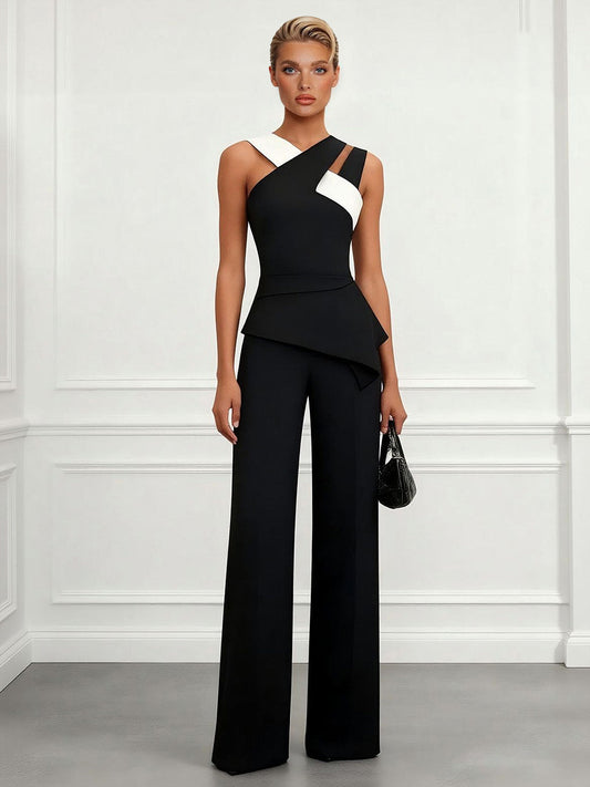 Elegante Kleurblok Asymmetrische Top & Wijde Broek Twee-Stuk Set